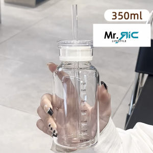 Elegant Transparent Straw Glass Bottle With 2 Lids Cover Portable Transparent Gray Water Cup Glass Bottles Creative Handy Cup with Scale Straw 2 Lids Aesthetic Cute Water Bottles