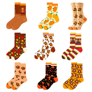 Cute Thanksgiving Socks for Women and Men Colorful Fall Designs Pumpkins Turkeys Leaf Pattern Cotton Crew Socks Hosiery