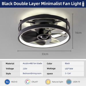CHAMER 13-Inch Elegant Black/Gray Ceiling Fan with LED Light and DC Motor - Reversible Dimmable High-Quality Home Cooling Fan