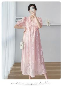 Maternity Dress Summer Gentle Solid Color V-neck High Waist Floral Lace Dress Pregnant Women Dress