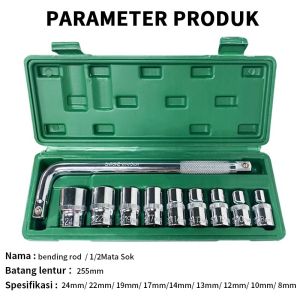 Kunci Shock 10 Pcs Termasuk 9pcs 8-24mm 1/2 inch 6PT Mata Sock Set Dan 1pcs Gagang Sock L/Kunci Set 1/2 inch 6Pt Kunci Mata Shock TOOL KIT