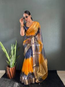 Designer Saree – ELEGANT SIMAR SILK WITH ANMOL ZARI PUTTU BEAUTIFUL SAREE FOR WOMEN – PREMIUM GOLD & NAVY SHADE WITH RICH ZARI BORDER (Pre-Order: 2/3 Weeks Delivery) HR02