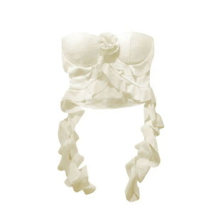 เสื้อครอปผ้าซีทรู ทรงเกาะอก มีบราในตัว ลายดอกไม้  ด้านหลังสม็อคยางยืด อกและชายผ้าแต่งระบาย แถม! เข็มกลัดดอกไม้ #0213