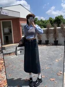 COD  Rok Denim R Wanita Musim Bunga dan Musim Panas Kelihatan Kurus Pinggang Tinggi Baru Sederhana Panjang Pecah Hujung Skirt a Korea Satu Langkah  Sem