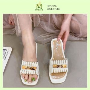 Marche Shoe Store Womens Slide Sandals with Gold Buckle Detail in Black Red White and Beige.