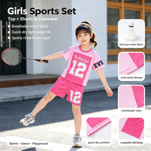 AILEBE Kids Sets Sporty Color Block Short Sleeve Top Shorts Set Breathable Quick-Dry Bird Eye Mesh Summer Activewear Lightweight Comfy Cheerleader Style Pambahay OOTD For Girls 1-6 Years Perfect For Sports Dance Play