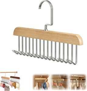 Anti Slip Multi Hook Coat Racks Wooden Tie Rack Hangers for Men with 8 Hooks Non-Slip Wooden Skid-Proof Belt Holder Space-Saving Rotating Display Rack for Belts Tops Hats (Brown 1PC)