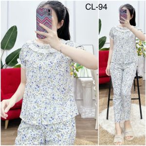 Quần áo nữ mặc nhà (Bunnysky) đồ bộ thiết kế cổ nhún bèo cộc tay quần dài vải lụa và kẻ thô xốp mềm