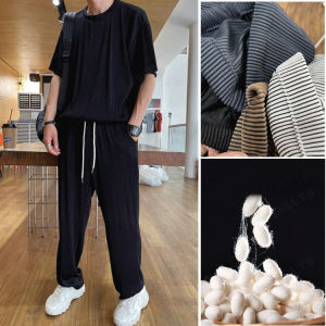 juscomart เสื้อยืดผู้ชายขนาดใหญ่ทรงกว้างหลวมเนื้อผ้าเย็นลื่นไหล คู่กับกางเกงยาวสไตล์ผ่อนคลาย