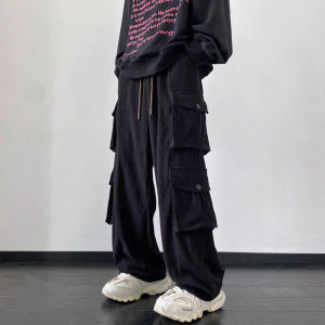 Celana cargo panjang pria baggy pants denim kargo jogger biru cowok casual korean style