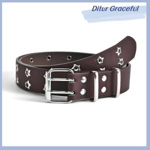 Ditur เข็มขัดโซ่แฟชั่นผู้ชายผู้หญิงสไตล์พังก์ปรับได้ลายดาวกลวงหัวเข็มขัดคู่หัวเข็มขัดโลหะหัวเข็มขัดกางเกงยีนส์หนัง