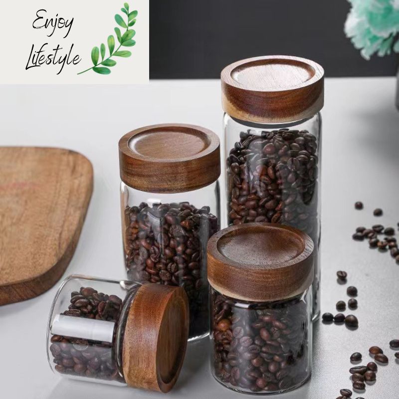 Tarro de vidrio con tapa de madera, recipiente hermético para especias y alimentos secos._voghion.com