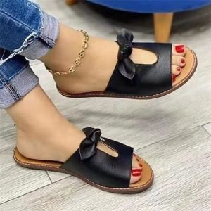 Free Shipping Casual And Fashionable Flat Sandals For Women Solid-Color Slippers WomenS Indoor Sandals With A Bow Design