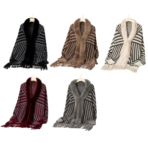 Loose Fit Furry Collar Shrug Cardigan Knit Striped Batwing Sleeve Open Front Sweater Shawl Cloak for Women Ponchos Capes