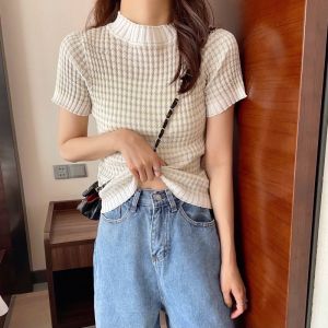 Core Korean Half High Neck Wave Stripes Short-sleeved Knitted T-shirts Tops
