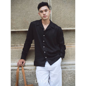 Áo sơ mi linen nam cổ Cuban Danton tay dài | Màu Đen – 100% Linen cao cấp DODEP