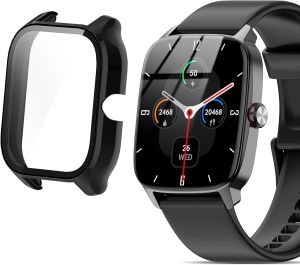 Lamshaw IDW28 Smart Watch Case Hard PC Case with Tempered Glass Screen Protector with Silicone Dust Plug Compatible with SOUYIE Fitpolo Tensky Yoever Aeac IDW28 1.85" HD Smart Watch (Black)