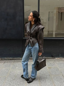 Solid Lace Up Leather Short Jackets Women Slim Fit V Neck Waist Cinching Jacket Female Autumn Fashion Casual Street Outerwear