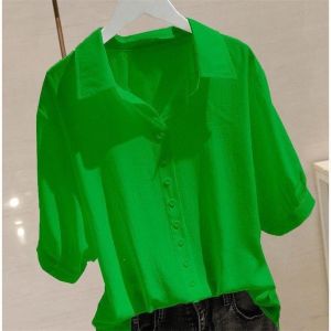 3 4 áo sơ mi trắng cổ POLO tay dài trang trọng dành cho nữ cỡ lớn áo sơ mi rộng tay đèn lồng mùa hè dễ phối đồ.