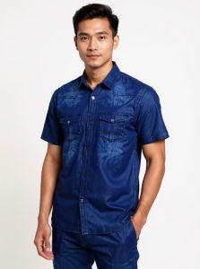 Shirt Denim  Men’s Short Sleeve Denim Shirt – Casual Slim Fit Button Down Top short sleeves