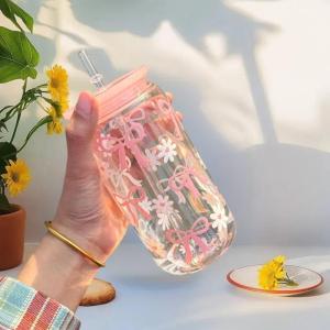 wangyueh Cốc thủy tinh dễ thương cốc nước hoạt hình cốc thủy tinh sọc dễ thương Doodle cốc cà phê hộ gia đình Trà trái cây nước chanh cô gái Quà Tặng