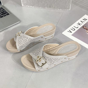 [Free Shipping] Plus-Size Embroidered Criss-Cross Strap Wedge Sandals Featuring Faux Suede Fabric And A Non-Slip Wear-Resistant Wedge Sole
