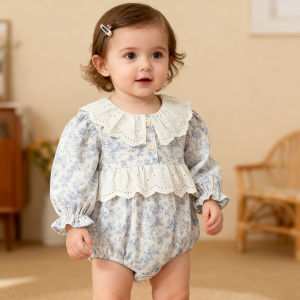 Spring Baby Romper Blue Floral Print Lace Trim Ruffled Collar Puff Sleeves Toddler Bodysuit Autumn Retro Cute Baby Party Outfits2026