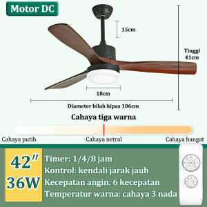 GOGEOUS Lampu kipas angin gantung plafon ruang tamu kipas lampu gantung hias 2in1 3 warna 6 kecepatan  42/48 inci meja makan kamar tidur balkon led bilah kipas kayu lampu kipas angin remote