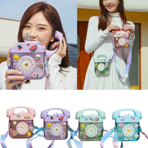 400ML Telephone Shape Plastic Water Bottle Childrens Straw Kettle with Strap Stickers for School Travel Sports Outdoor