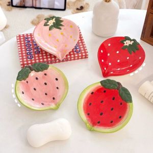 CUNXIN Strawberry Ceramic Soap Box Watermelon Cute Soap Tray Decorative  Ornament Luxury Style Soap Dish Holder Household