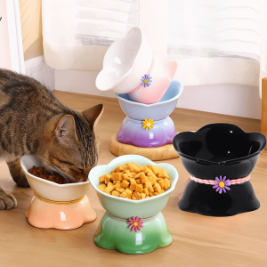 MIKE DUNBAR Ceramic Cat Bowl Flower Shape Gradient Color Dog Food Feeding Basin Pet Supplies Non-slip Pet Drinking Feeder Neck Protection