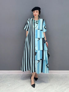 XITAO Dress Asymmetrical Loose Contrast Color Women Striped Print Dress