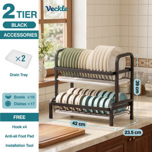 Veckle 2/3 Tiers Dish Drying Rack Countertop Drainer Dish Rack Plate Storage Shelf Kitchen Organizer Carbon Steel Tableware Holder