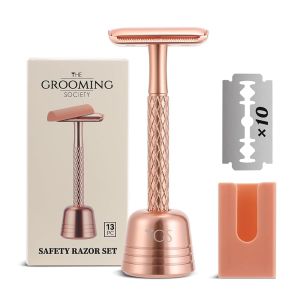 Double Edge Safety Razor for Women with Silicone Cover & 10 Blades Single Blade Safety Razor for Travel Metal Eco-Friendly Reusable Razor for Shaving (Rose Gold)
