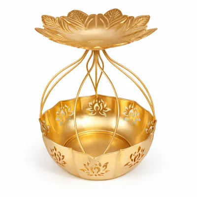 Handcrafted Metal Urli Bowl with Floral Design & Tealight Candle Holders | Ideal for Home Décor Festivals | Pack of 1 (Size - 8 and 10 inches)