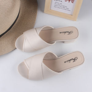 [Free Shipping] Womens Summer Outdoor Slippers New Casual Solid Color Chunky Heel Sandals Beach Fashion Slide Sandals