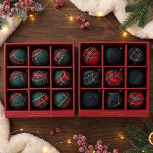 PHANT 9Pcs Vintage Plaid Fabric Christmas Ball Set Grid Pattern Plastic Christmas Bauble Ornament Mantel Decor Fade Resistant Xmas Hanging Balls Kit Christmas Tree