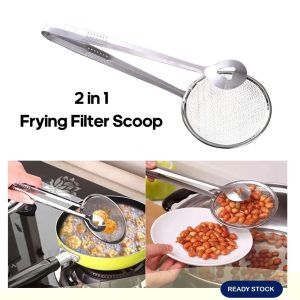 Local 2 in 1 Stainless Steel Fried Food Oil Scoop Kitchen Colander Filter Mesh Spoon Drain Clip Fishing BBQ Cooking Tool