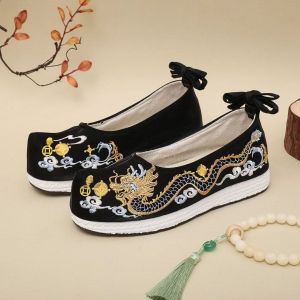 ZEEMIN Men Flat Sole Embroidered Canvas Shoes Ethnic Style Cocked Shoes Toe Shallow Ankle Strap Hanfu Shoes Light Breathable Cloth Shoe