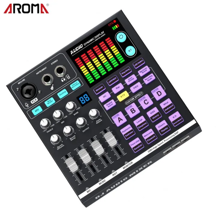 Aroma 48V Podcast Sound Board BT DJ Mixer External Music Sound Card for Live Streaming Studio Recording Gaming