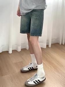 American Retro Five-Point Pants for Women Summer New High-Waisted Plus Size Loose Slimming Straight-Leg Denim Shorts Mid-Length Pants