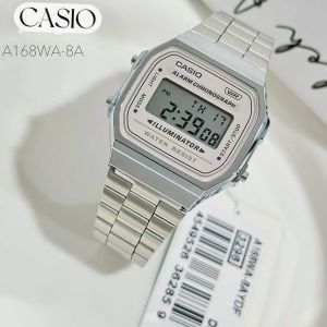 CASIO A-168WA หน้าปัด36มม. นาฬิกาชาย-หญิง ดิจิตอล สายสแตนเลส กันน้ำ มีแสงสว่าง คาสิโอแท้ รับประกันศูนย์ 1ปี