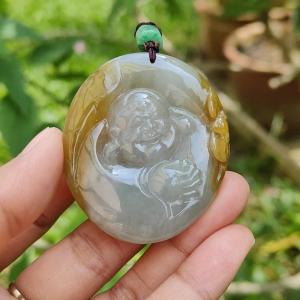 Collectible Yellow with light green Natural Type A Jadeite Jade Pendant Necklace crafted as Milo Buddha certificate included weigh 38.28 grams measurement 48.7 * 42.8 * 11 mm (pendant184)
