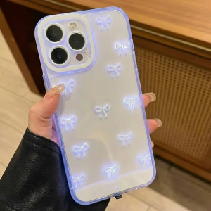 Christmas Phone Case Pink and White Bowknot Incoming Flash Sensor Phone Case Christmas AI Voice-Controlled Flashing Phone Case