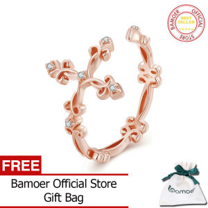 BAMOER แหวนนิ้วแบบปรับได้ลายย้อนยุคสำหรับผู้หญิงเงินแท้925แหวนดอกไม้วินเทจเงิน BSR041