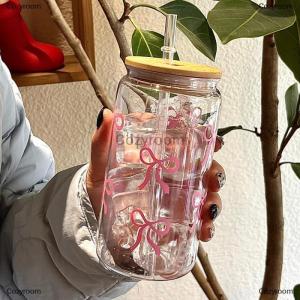 [COD] Cozyroom 500ml Bow Plastic Water Cup Mason Jar Shaped Water Bottle With Lid And Straw For Iced Coffee Juice Drink Cup Gift