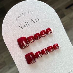 [HANDMADE]Artificial Toe Nails Wine Red Sequins Shiny Simple Wedding Nails For Brides Phototpy Nails Reusable and Removable Toenails