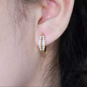 PERHIASAN WANITA ANTING CLIP TITANIUM MOTIF PERMATA DUA BARIS TERBARU GOLD ANTI LUNTUR