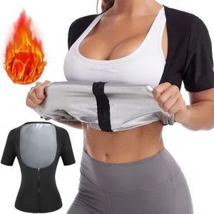OTYRF Zipper Design Women Sauna Suits Short Sleeve Heat Trapping Compression Shapewear Belly Trimmer Push Up Sports Body Sculpting Shirt Gym