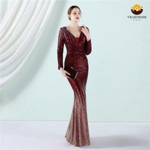 Trumpet/Mermaid Evening Dress – Sequined Sparkle V-Neck Long Sleeve Floor-Length Party Gown for Women